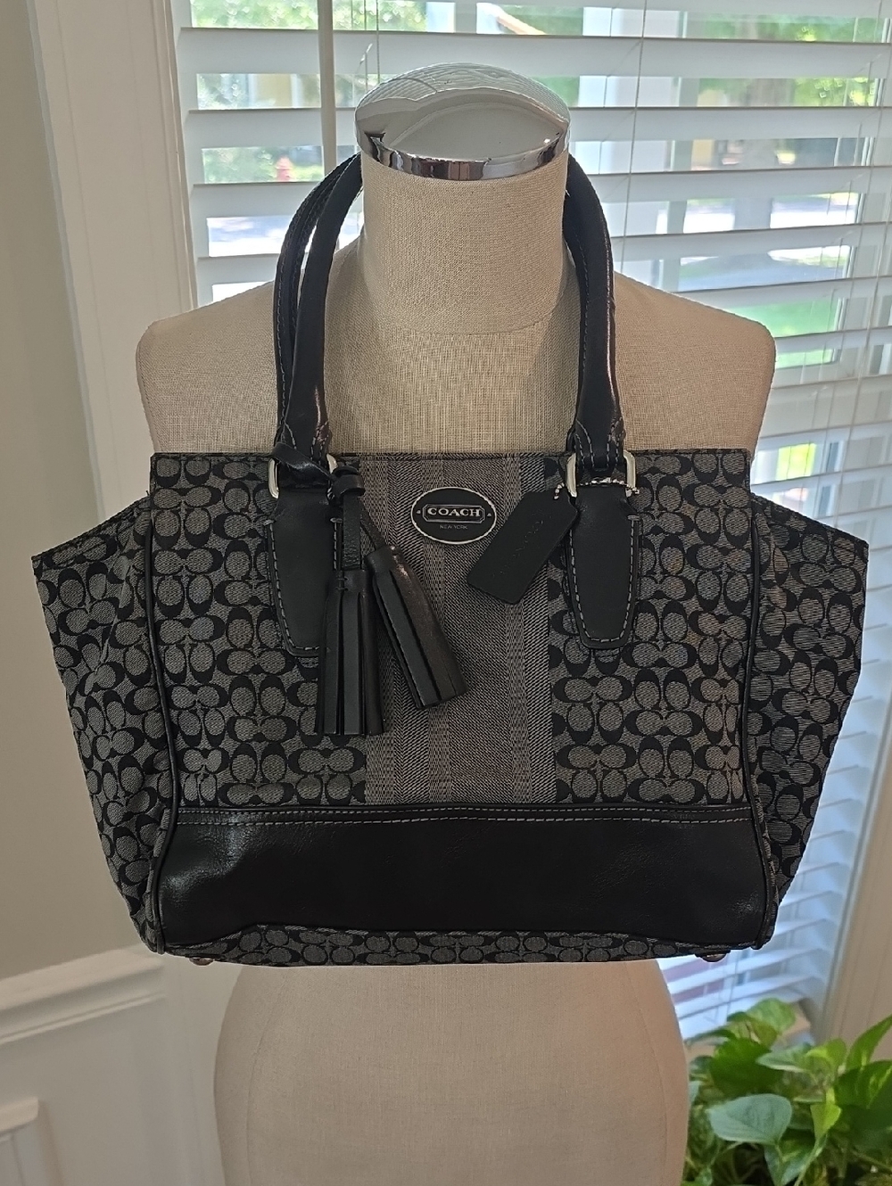 Coach Black & Gray Signature Stripe Candace Carryall Handbag with Tassel